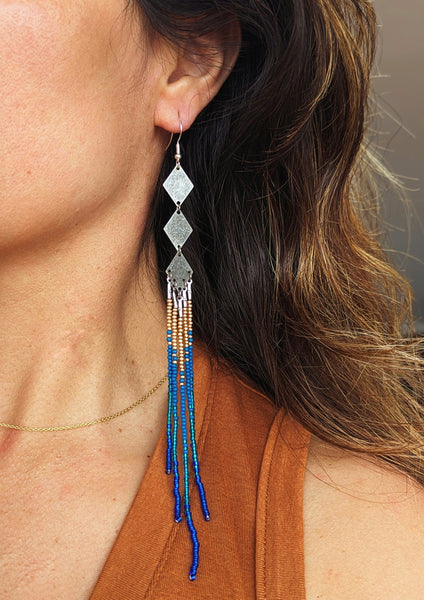 Donatella Blue Threader Beaded Earrings