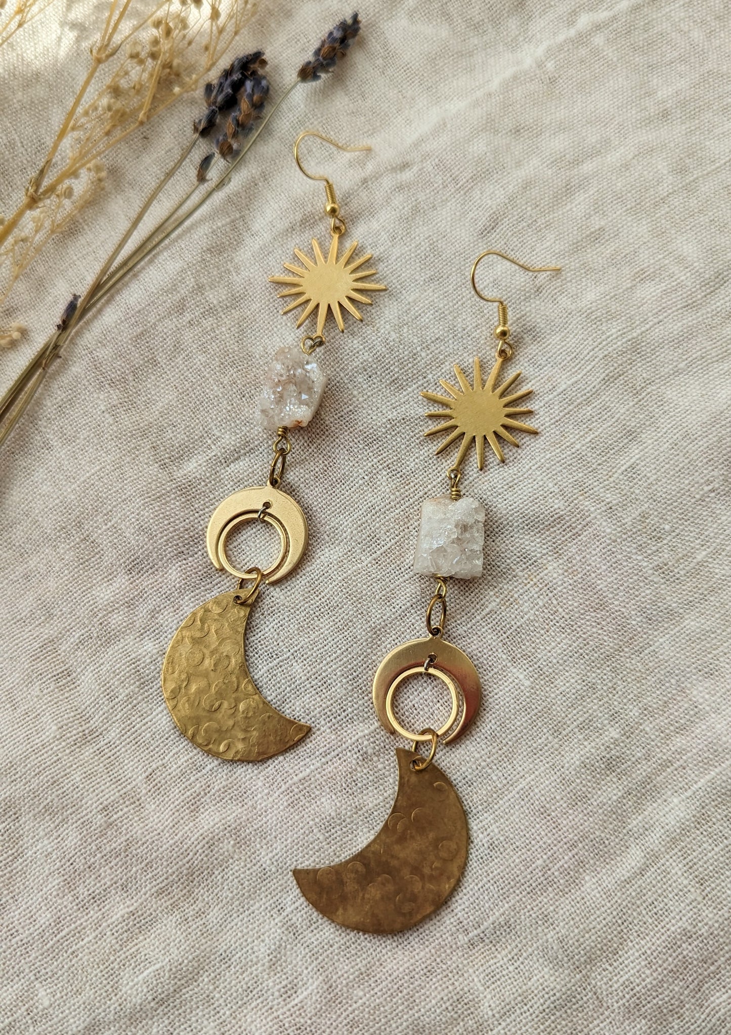 Selene Quartz Moon Brass Earrings