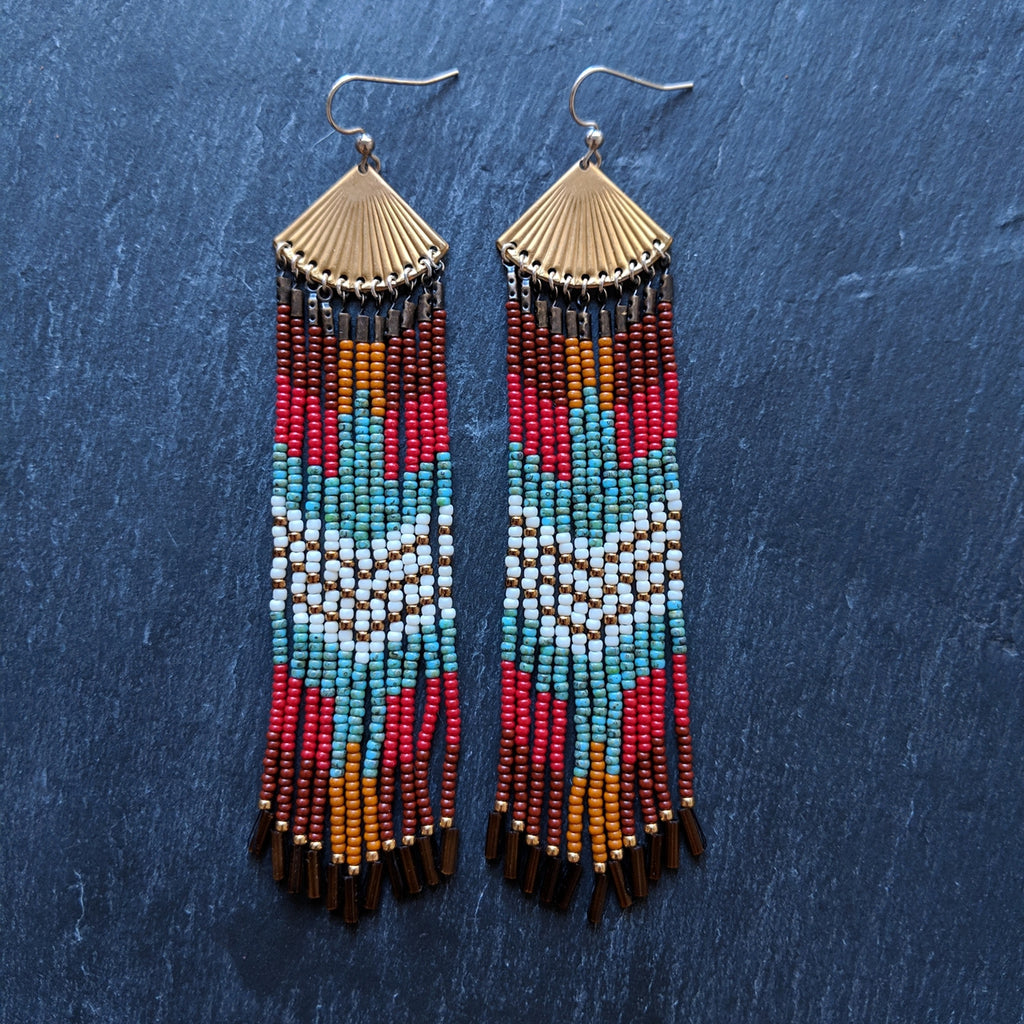 Bohemian native beaded earrings with a colorful bird design made with Czech glass beads, sterling silver, brass, and nylon thread perfect for your boho chic look.
