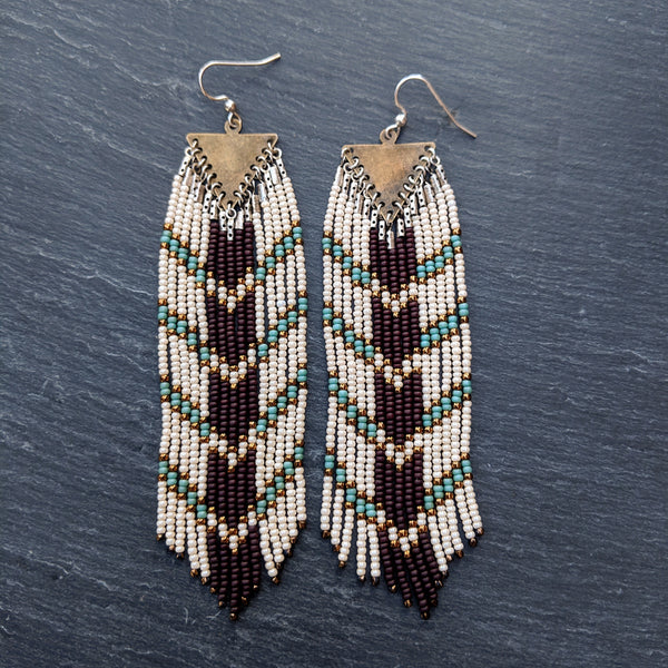 Long boho seed bead earrings with a chocolate brown and blue chevron design perfect for your bohemian wedding party