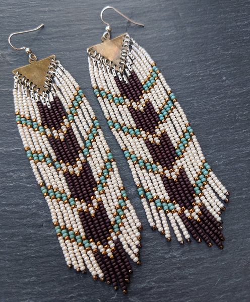 Long boho seed bead earrings with a chocolate brown and blue chevron design perfect for your bohemian wedding party