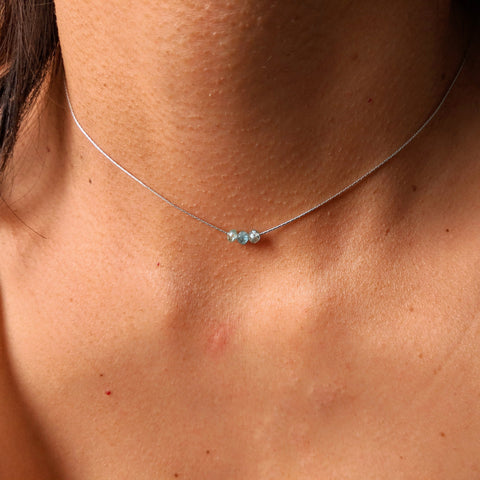 Moon & Milk - sterling silver dainty necklace choker with three tiny aqua apatite gemstones.