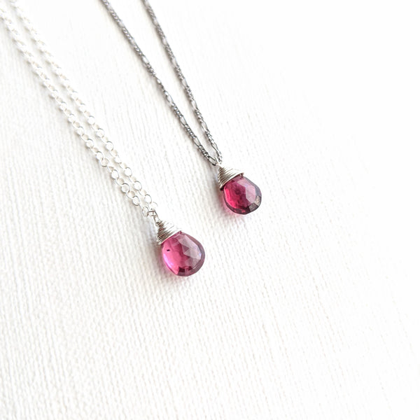 Moon & Milk - 925 sterling silver dainty chain necklace with a wire-wrapped rhodolite garnet pear gemstone in red wine color