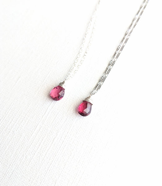 Moon & Milk - 925 sterling silver dainty chain necklace with a wire-wrapped rhodolite garnet pear gemstone in red wine color
