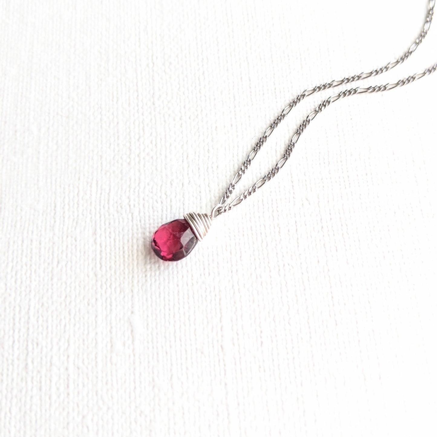 Moon & Milk - 925 sterling silver dainty chain necklace with a wire-wrapped rhodolite garnet pear gemstone in wine color