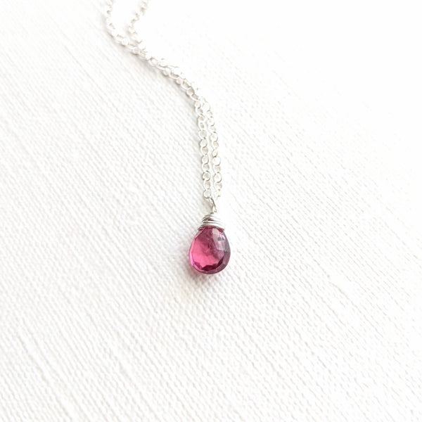 Moon & Milk - 925 sterling silver dainty chain necklace with a wire-wrapped rhodolite garnet pear gemstone in red wine color