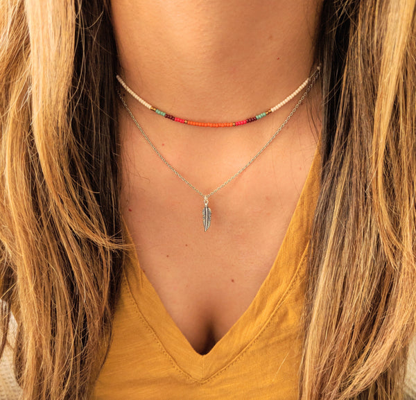 Moon & Milk - Handmade multi color beaded choker necklace with a dainty sterling silver chain.