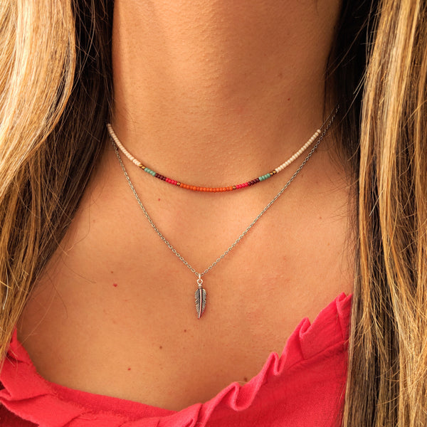 Moon & Milk - Handmade multi color beaded choker necklace with a dainty sterling silver chain.