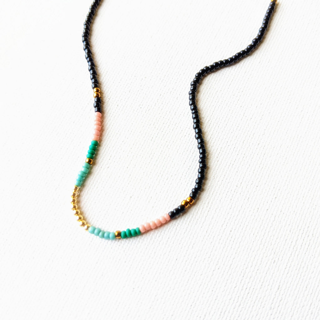 Moon & Milk - handmade multi-color beaded choker with a sterling silver chain