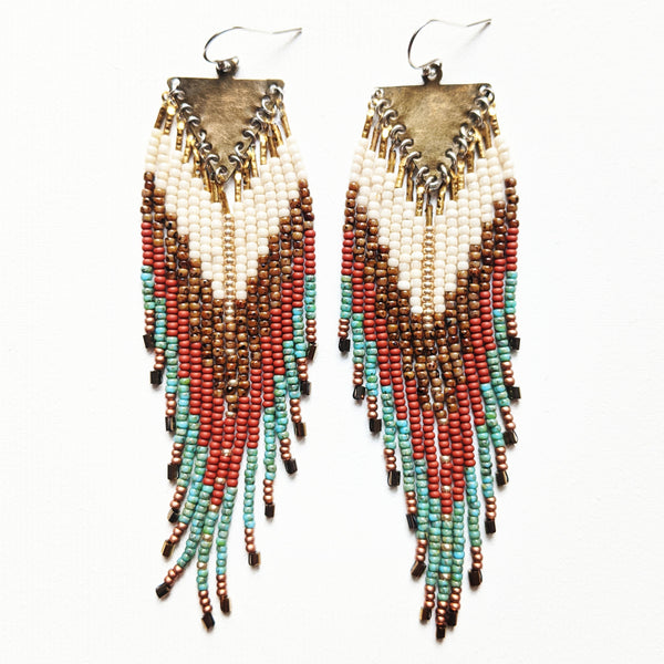 Native American inspired beaded earrings with a terracotta, turquoise, gold, and Picasso brown palette, handmade with glass beads, brass, and sterling silver.