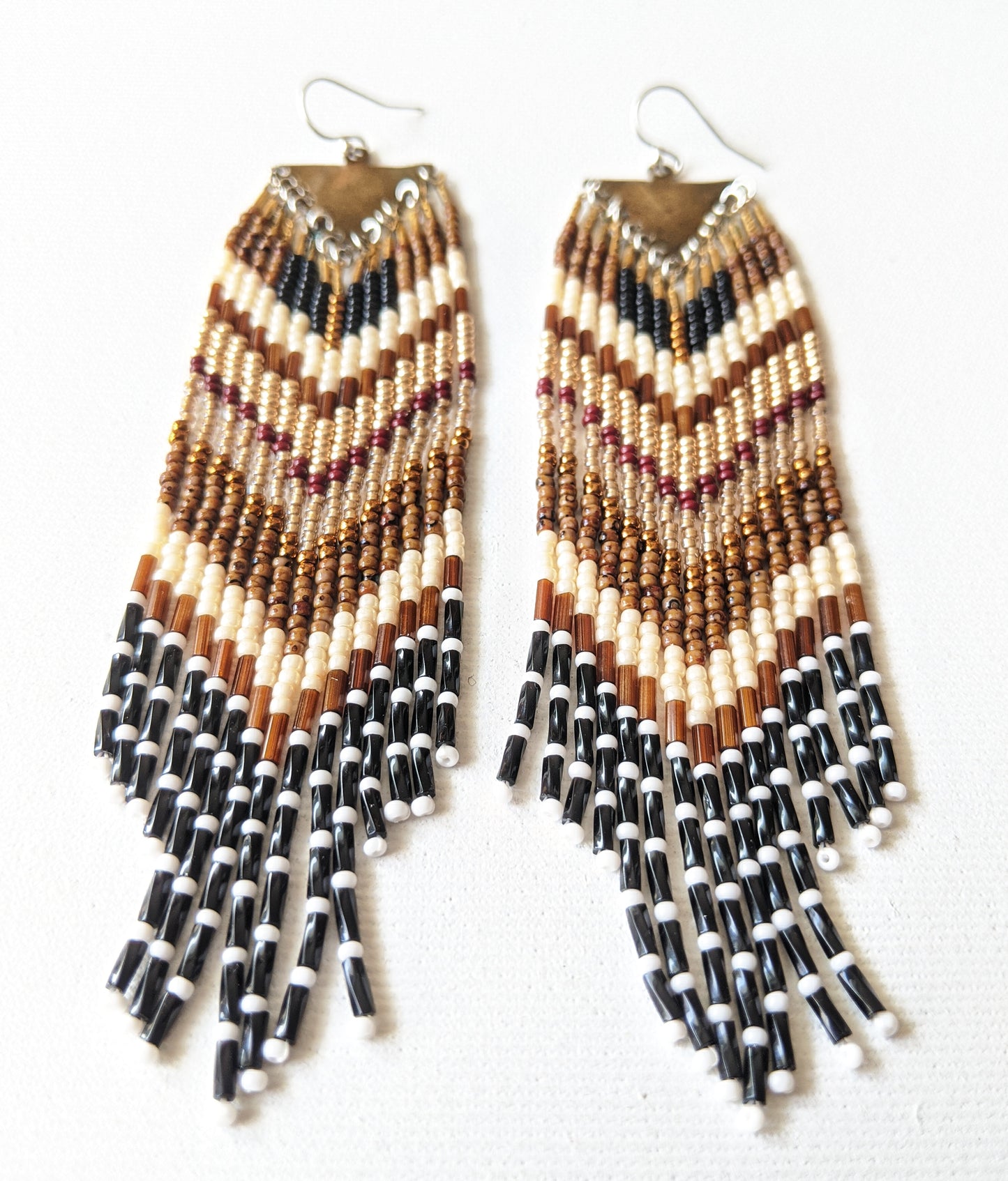 Moon & Milk - Golden brown beaded fringe earrings handmade with glass beads, sterling silver, and brass.