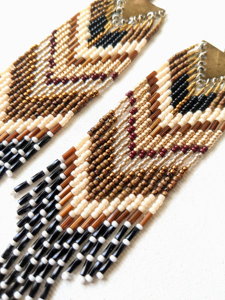 Moon & Milk - Golden brown beaded fringe earrings handmade with glass beads, sterling silver, and brass.