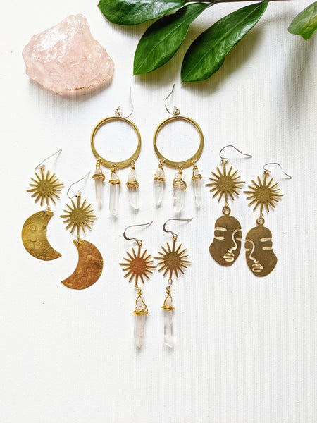 Moon & Milk - brass hoop bohemian earrings with crystal point beads.