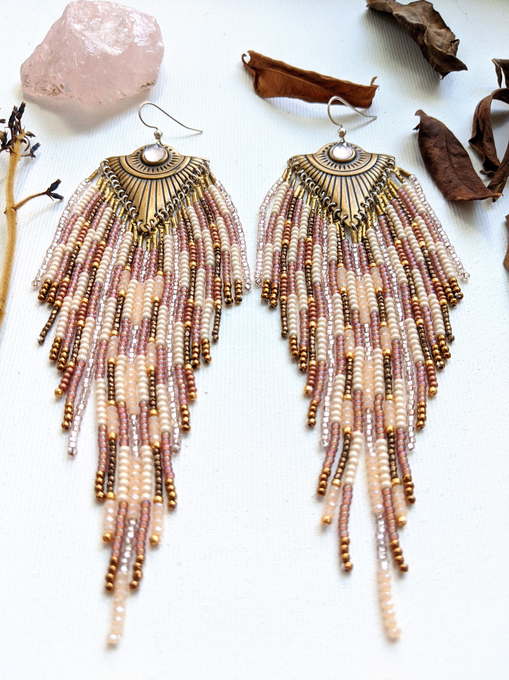 Moon & Milk - Extra long beaded bohemian earrings created with glass beads, sterling silver, smoky quartz, and brass.