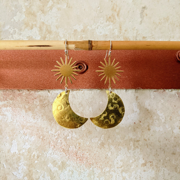 Moon & Milk - brass crescent moon bohemian earrings .