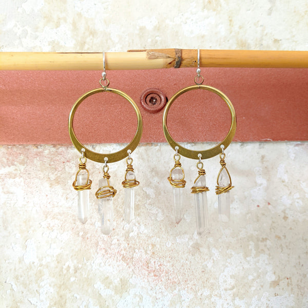 Moon & Milk - brass hoop bohemian earrings with crystal point beads.
