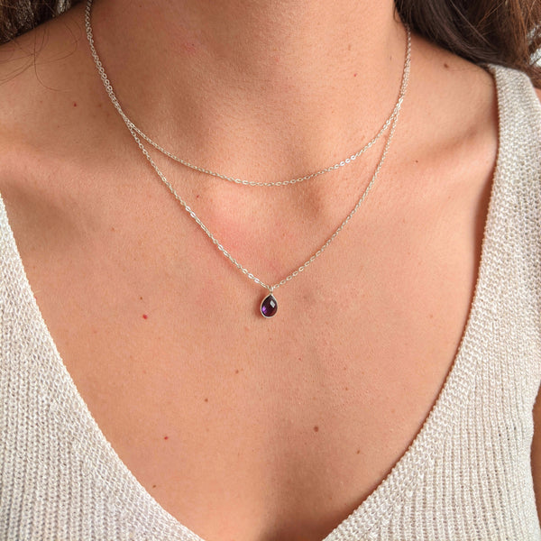 Moon & Milk - Handmade sterling silver necklace with a tiny amethyst faceted stone pendant.