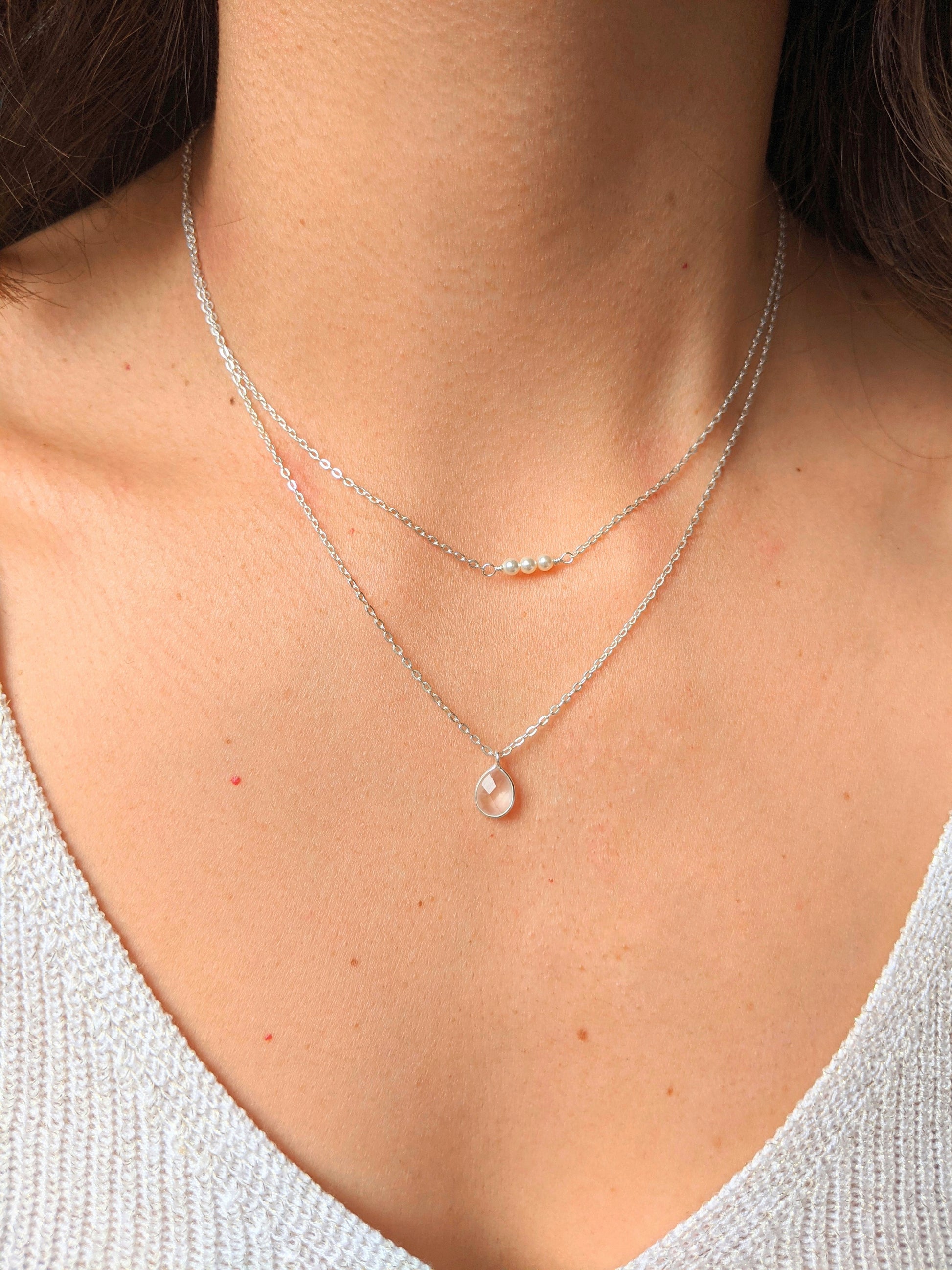 Moon & Milk - Sterling silver rose quartz two layer necklace with three tiny pearls