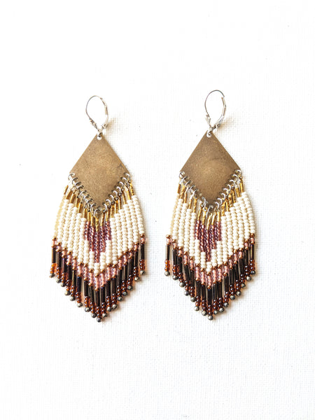 Moon & Milk - Handmade beaded fringe earrings created with pyrite stones, glass seed beads, brass, and sterling silver.