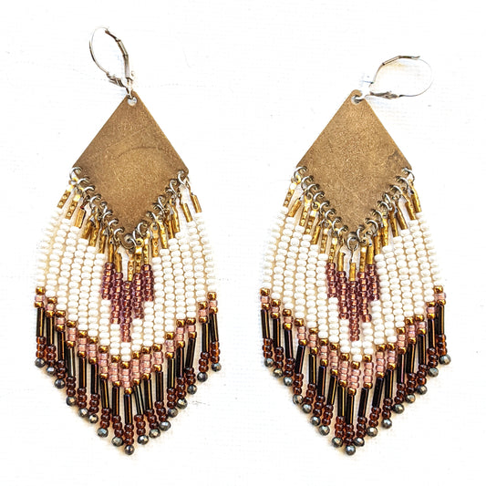 Moon & Milk - Handmade beaded fringe earrings created with pyrite stones, glass seed beads, brass, and sterling silver.