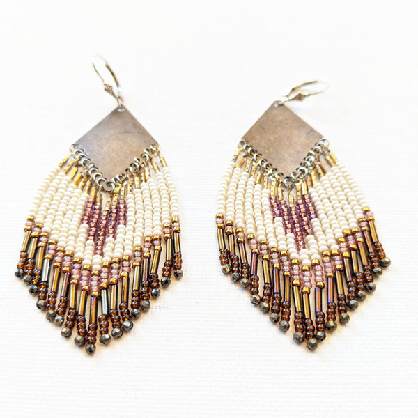Moon & Milk - Handmade beaded fringe earrings created with pyrite stones, glass seed beads, brass, and sterling silver.