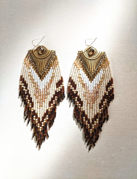 Moon & Milk - Handmade native beaded earrings created with semi-precious stones, glass beads, brass, and sterling silver.