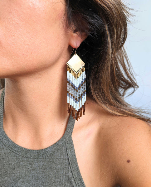 Handmade Native American style beaded earrings created with glass beads, brass, semi-precious stones, and sterling silver.