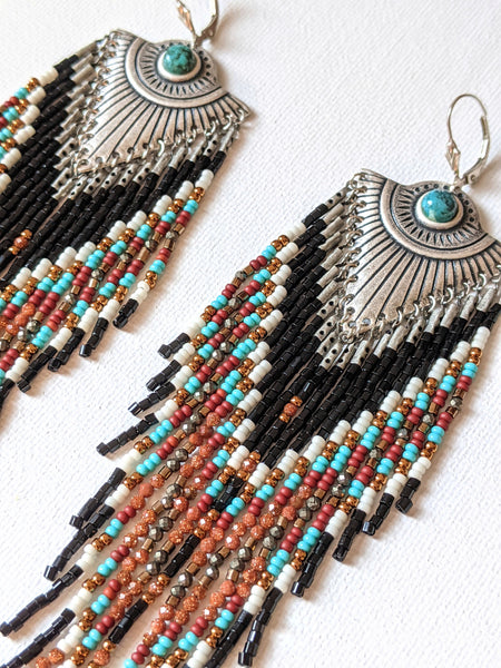 Moon & Milk - Handmade beaded native earrings created with semi-precious stones, glass beads, brass, and sterling silve