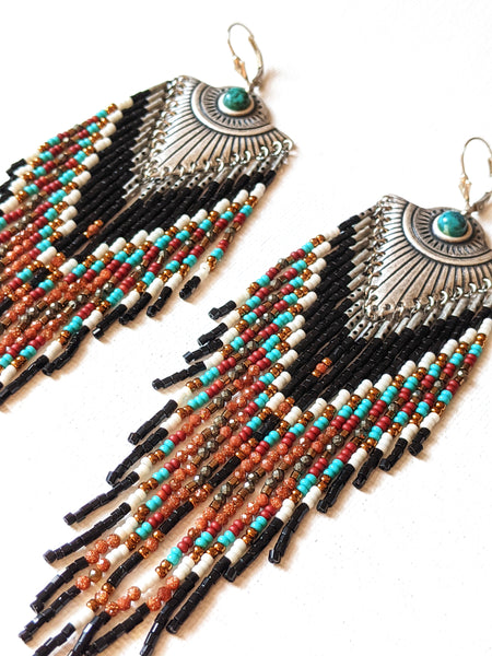 Moon & Milk - Handmade beaded native earrings created with semi-precious stones, glass beads, brass, and sterling silve