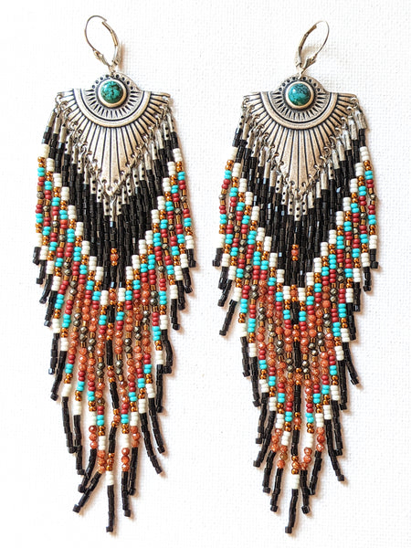 Moon & Milk - Handmade beaded native earrings created with semi-precious stones, glass beads, brass, and sterling silve