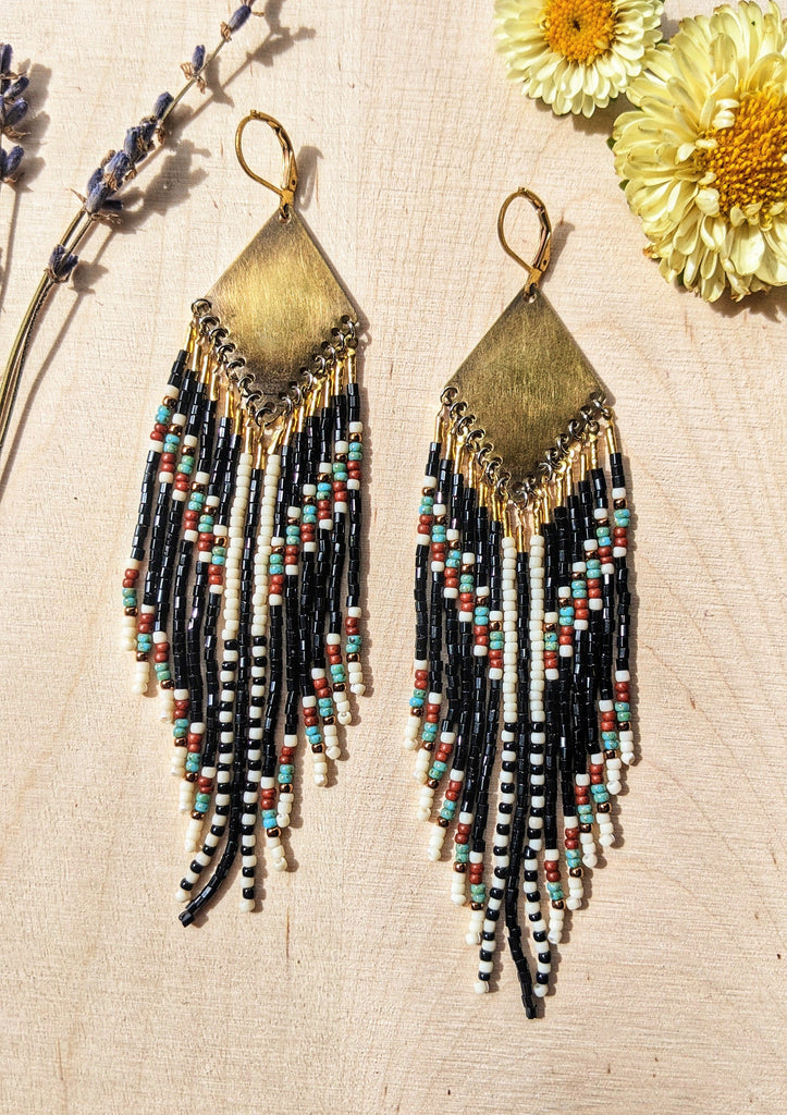 Crescent Moon Earrings with Black and Silver Beaded Fringe