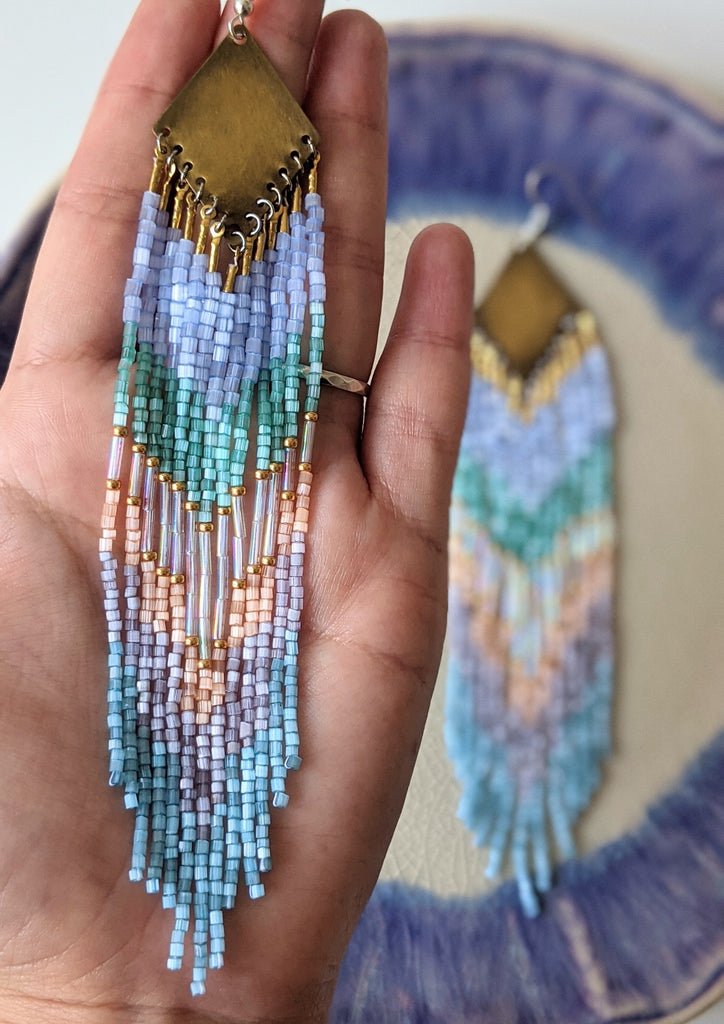 Beaded Huipil Fringe Earrings - Ocean Sunset