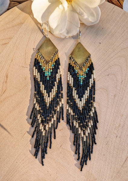 Boucles d'oreilles perlées turquoises noires et blanches