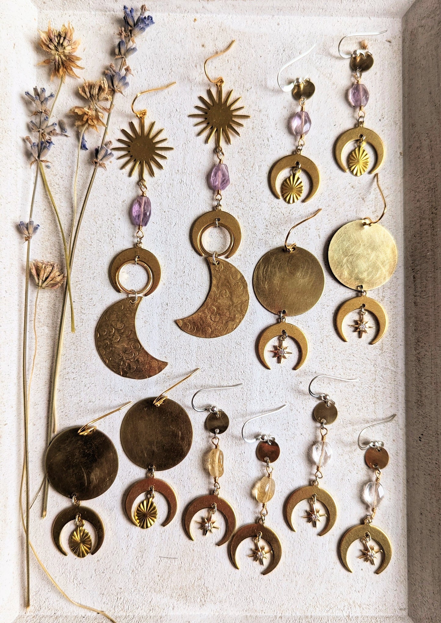 Venus Amethyst Hammered Brass Earrings