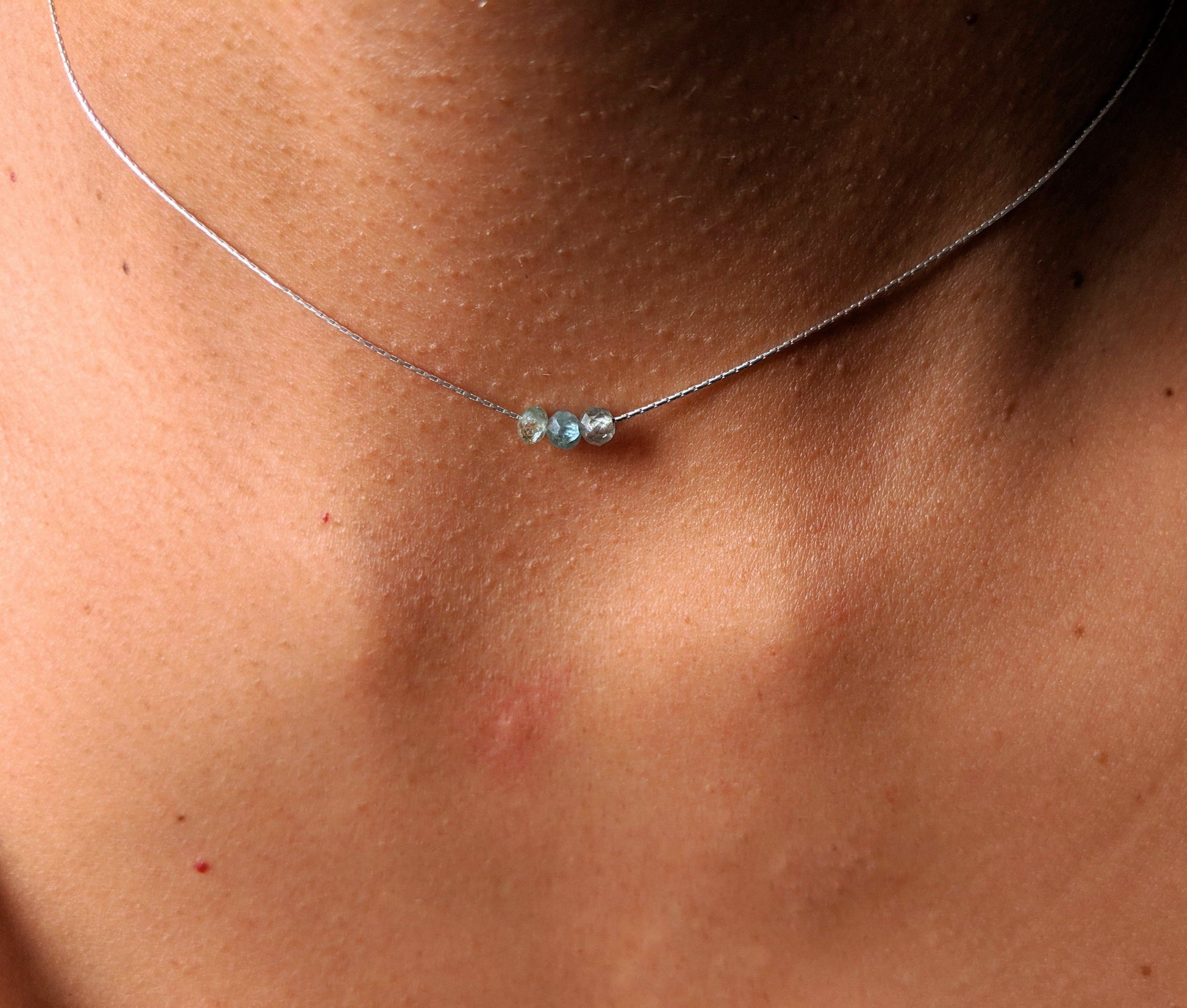 Moon & Milk - sterling silver dainty necklace choker with three tiny aqua apatite gemstones.