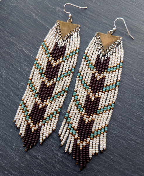 Long boho seed bead earrings with a chocolate brown and blue chevron design perfect for your bohemian wedding party