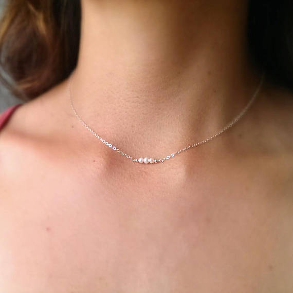 Handmade sterling silver dainty necklace with three tiny pearls and silver beads