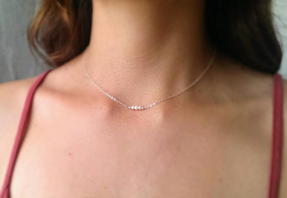 Handmade sterling silver dainty necklace with three tiny pearls and silver beads