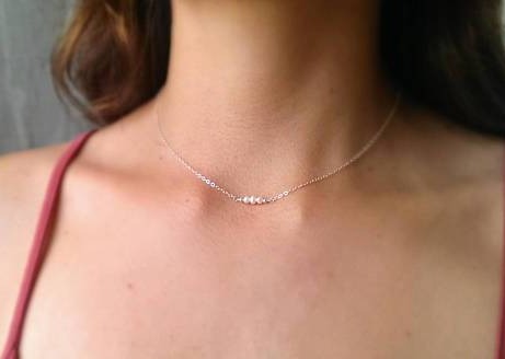 Handmade sterling silver dainty necklace with three tiny pearls and silver beads