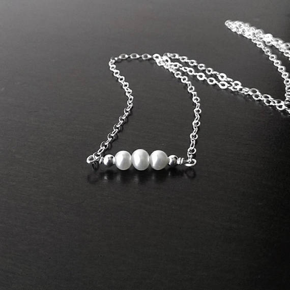 925 sterling silver dainty chain necklace with 3 tiny pearls and silver beads. Free shipping in the US.