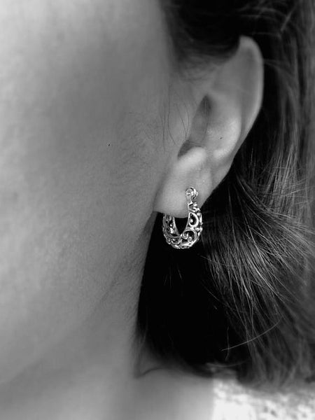 sterling silver small chunky hoop earrings with delicate filigree design in oxidized finish