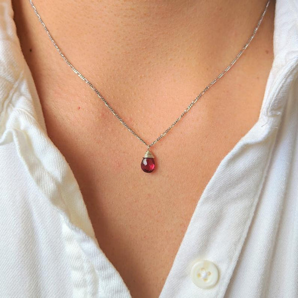 rling silver dainty chain necklace with a wire-wrapped rhodolite garnet pear gemstone in wine color