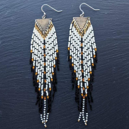 Extra long Native American style seed beaded earrings with a feather-like effect