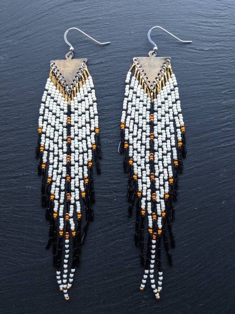 Extra long Native American style seed beaded earrings with a feather-like effect