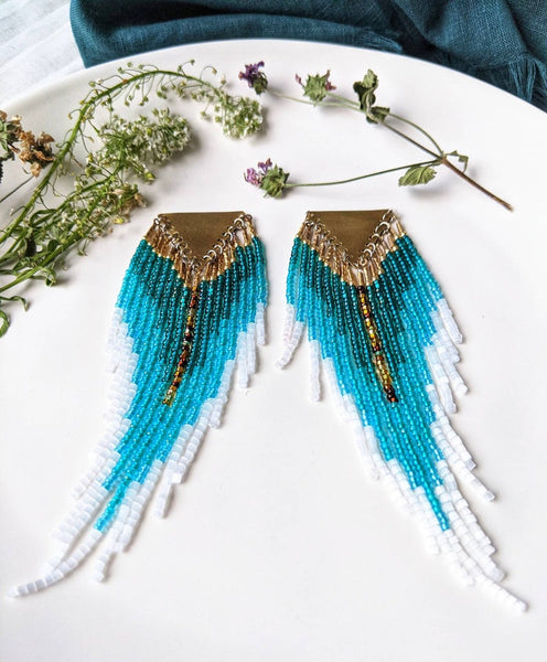 Boucles d'oreilles perlées Jane Cascade bleu sarcelle