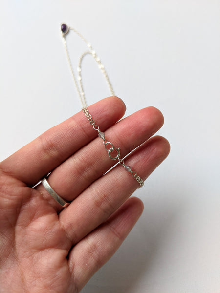 Moon & Milk - Handmade sterling silver necklace with a tiny amethyst faceted stone pendant.